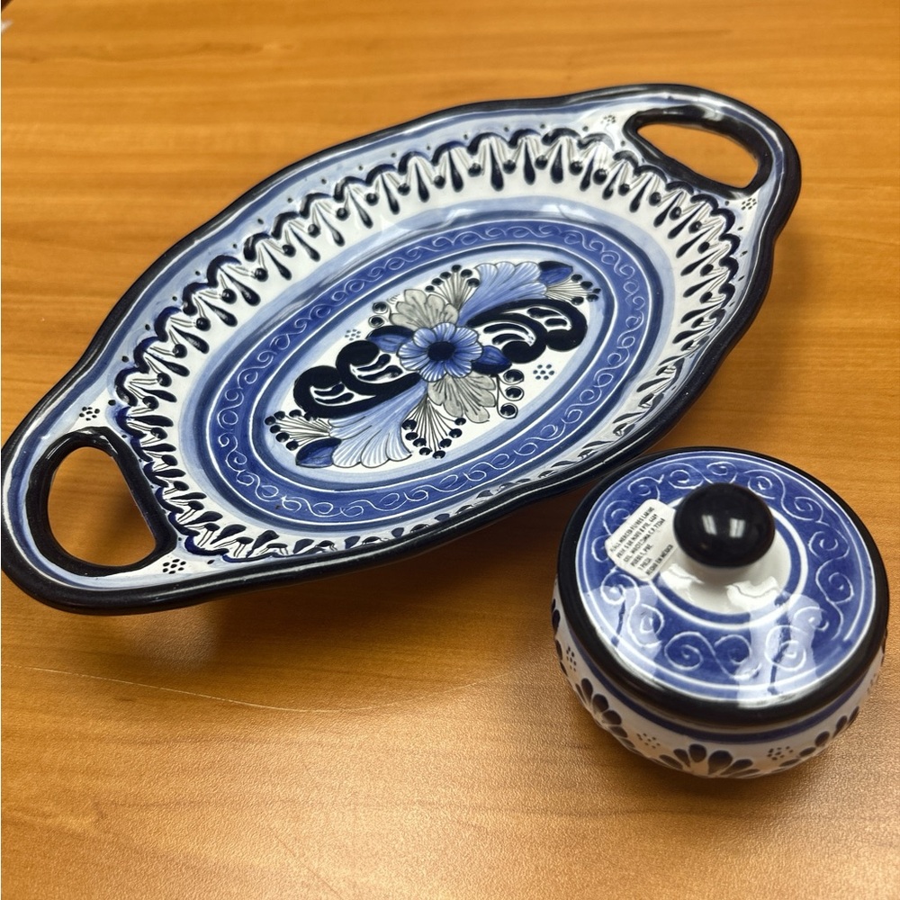Garcia Mexico Hand-Painted Handmade Serving Dish Sugar Jar Pottery Set